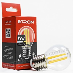 Лампа світлодіодна ETRON Filament 1-EFP-149 G45 E27 6W 3000K прозора