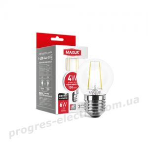 Лампа світлодіодна філаментна MAXUS, G45, 4W, яскраве світло, E27 (1-LED-546-01)