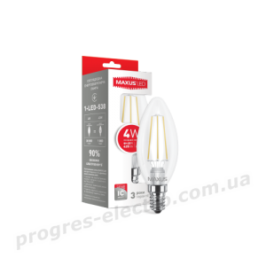 Лампа світлодіодна філаментна MAXUS, C37, 4W, яскраве світло, E14 (1-LED-538-01)